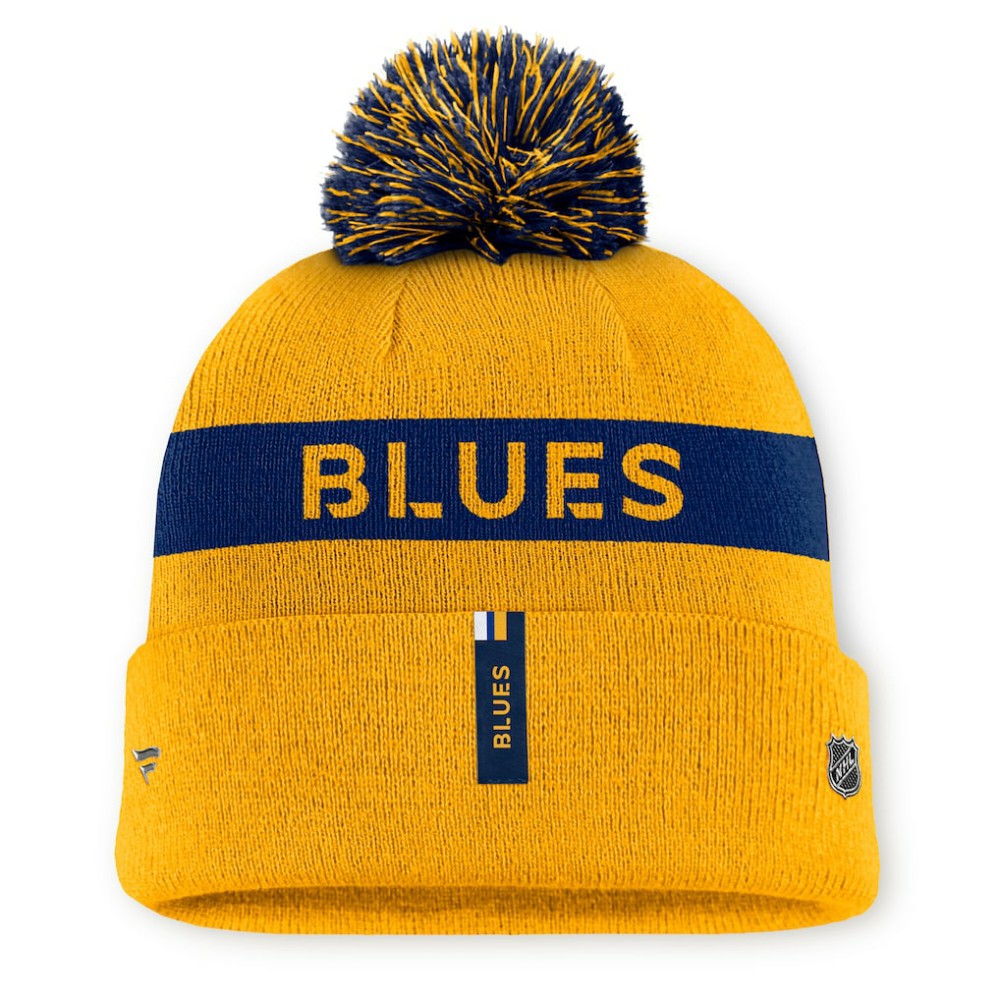 St. Louis Blues Fanatics Women's Authentic Pro Rink Cuffed Knit Hat with Pom - Gold/Navy Hats