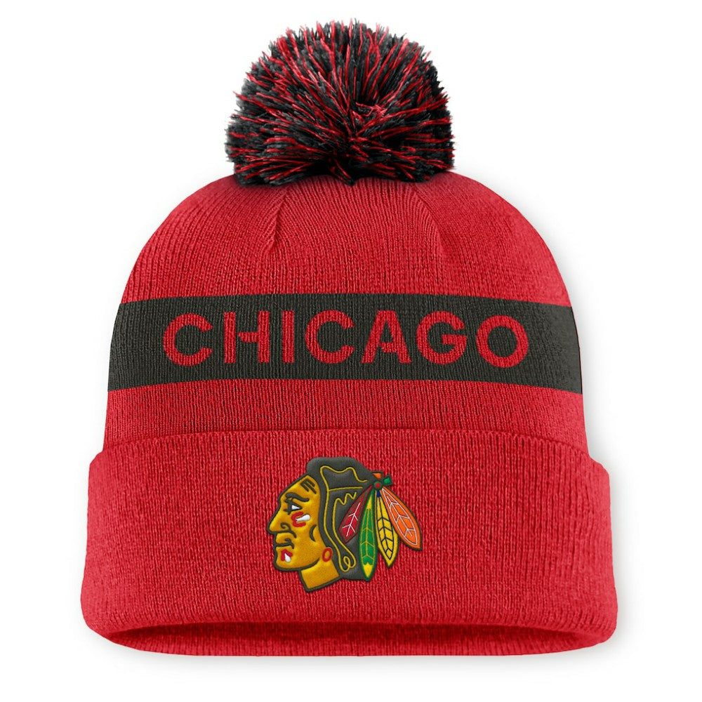Chicago Blackhawks Fanatics Women's Authentic Pro Rink Cuffed Knit Hat with Pom - Red/Black Hats
