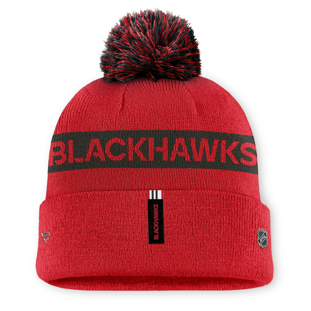 Chicago Blackhawks Fanatics Women's Authentic Pro Rink Cuffed Knit Hat with Pom - Red/Black Hats