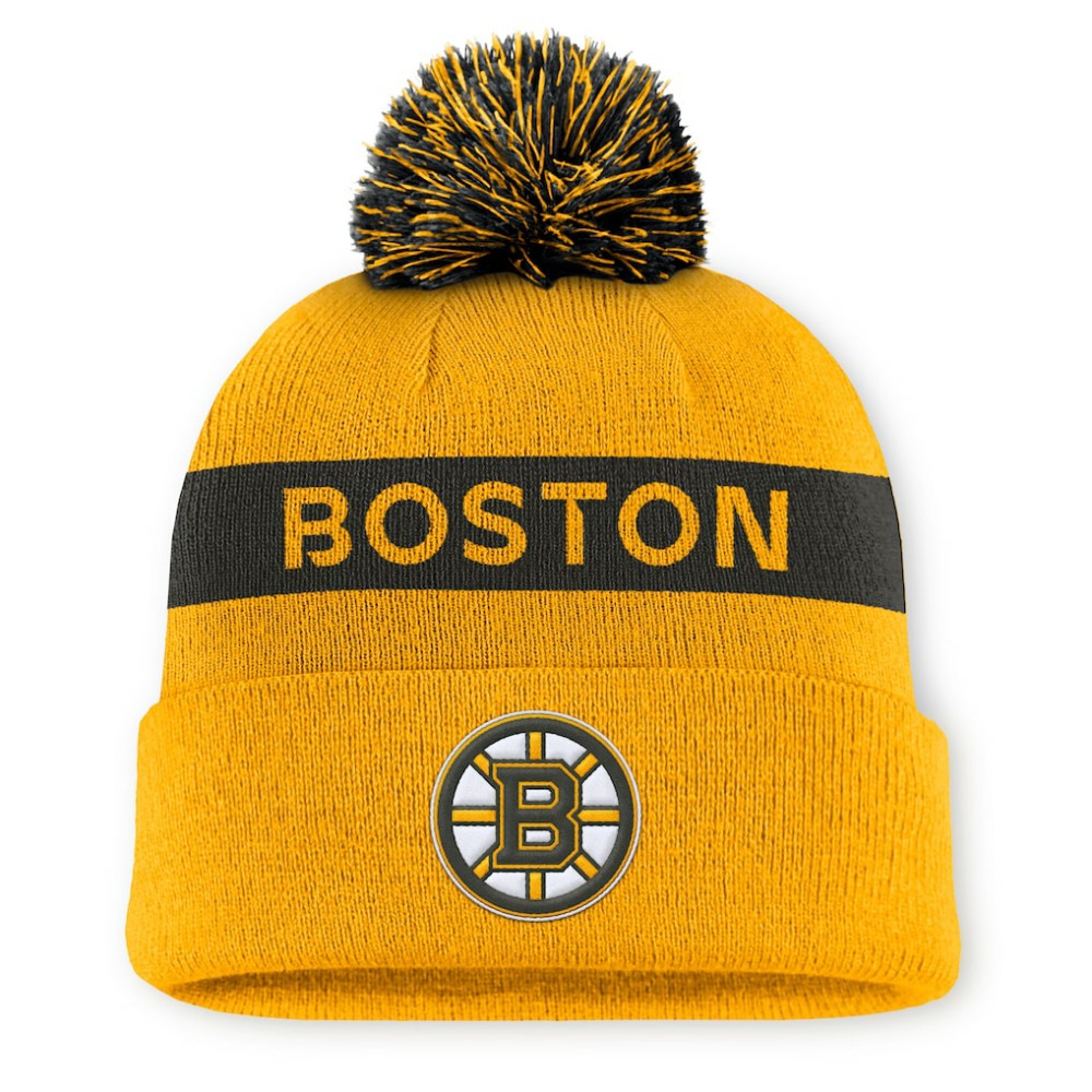 Boston Bruins Fanatics Women's Authentic Pro Rink Cuffed Knit Hat with Pom - Gold/Black Hats