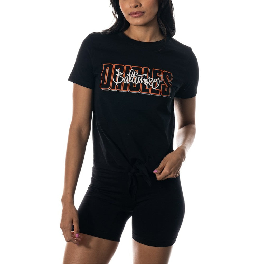 Baltimore Orioles The Wild Collective Women's Twist Front T-Shirt Black