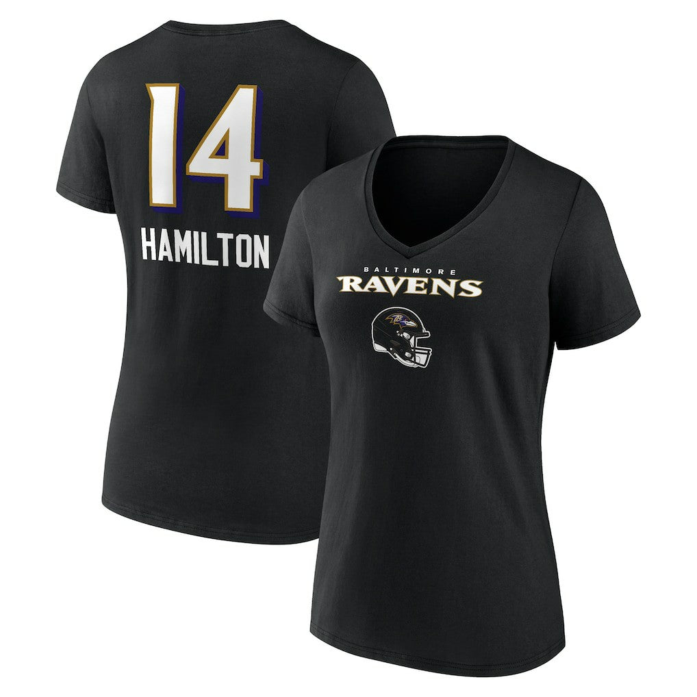 Kyle Hamilton Baltimore Ravens Women's Team Wordmark Player Name & Number V-Neck T-Shirt - Black outlet