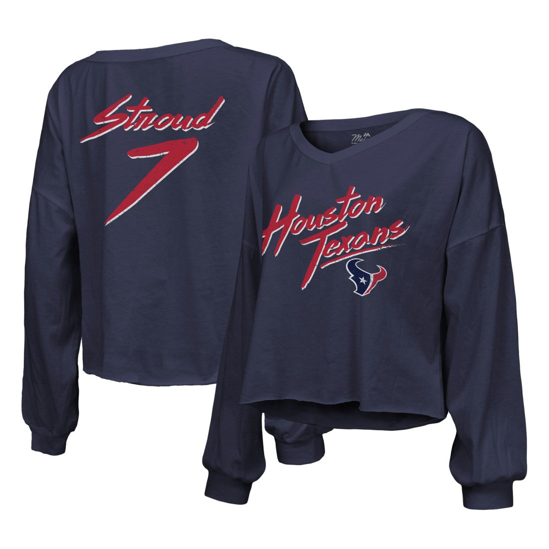 C.J. Stroud Houston Texans Majestic Threads Women's Name & Number Script Off-Shoulder Cropped Long Sleeve T-Shirt - Navy on sale