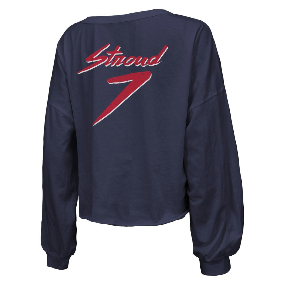 C.J. Stroud Houston Texans Majestic Threads Women's Name & Number Script Off-Shoulder Cropped Long Sleeve T-Shirt - Navy on sale