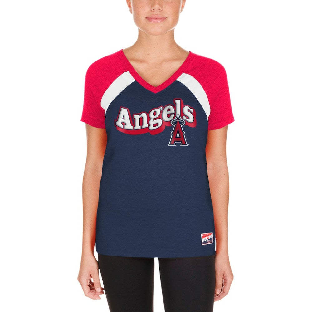 Los Angeles Angels Women's Heathered Raglan V-Neck T-Shirt Navy