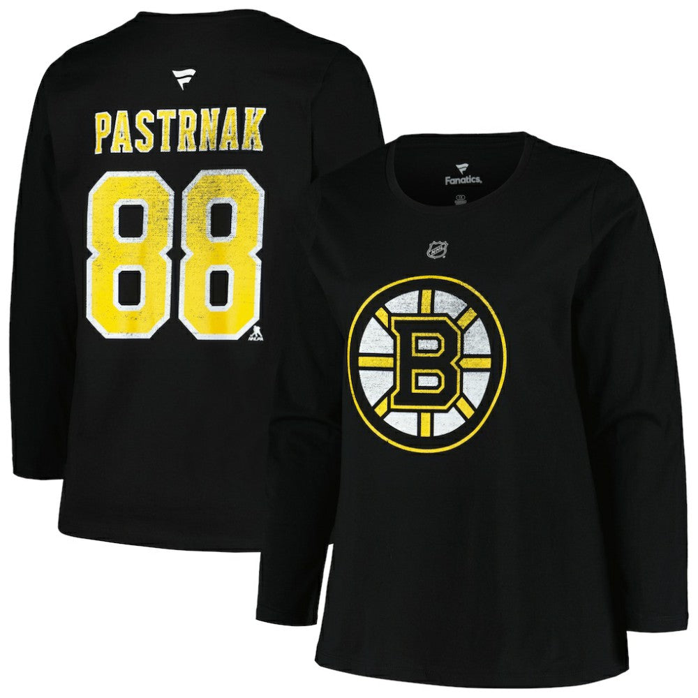 Boston Bruins Profile Women's Plus Size Distressed Printed Name & Number Long Sleeve T-Shirt - Black T-shirts