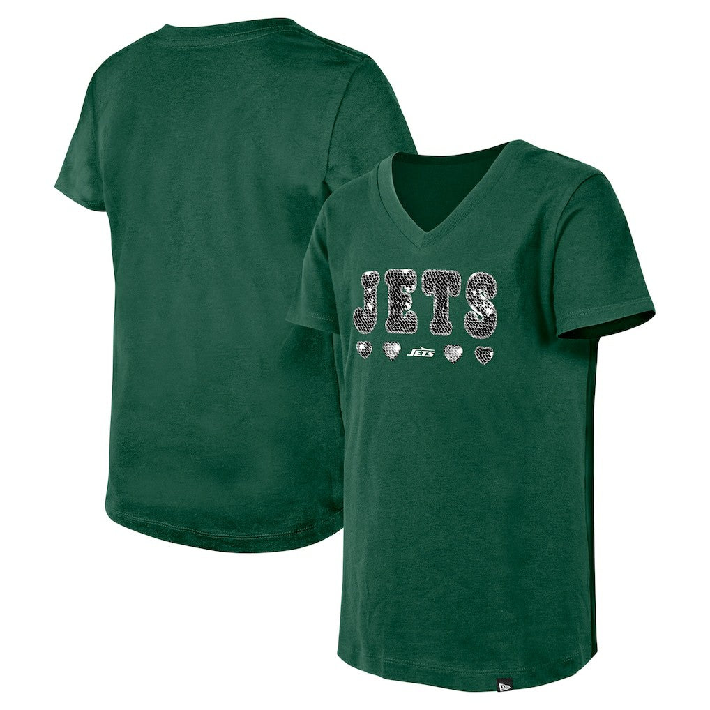 New York Jets New Era Girls Youth Flip Sequin V-Neck T-Shirt - Green on sale