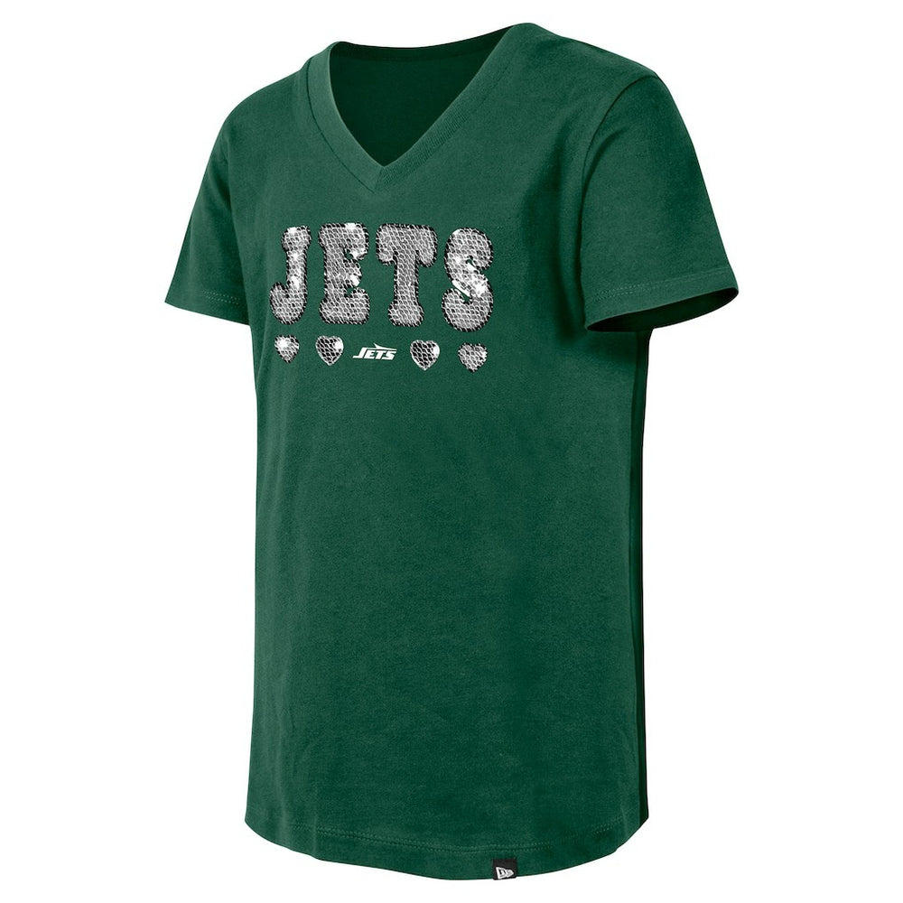 New York Jets New Era Girls Youth Flip Sequin V-Neck T-Shirt - Green on sale