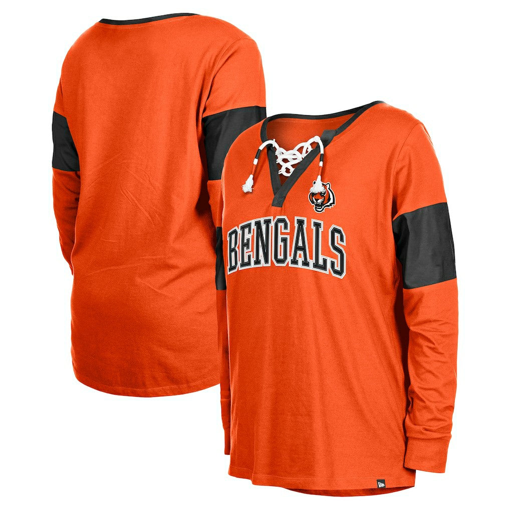 Cincinnati Bengals New Era Women's Lace-Up Notch-Neck Long Sleeve T-Shirt - Orange for sale