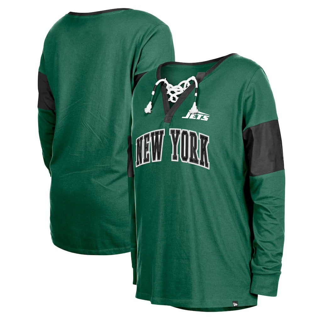 New York Jets New Era Women's Lace-Up Notch-Neck Long Sleeve T-Shirt - Green cheap
