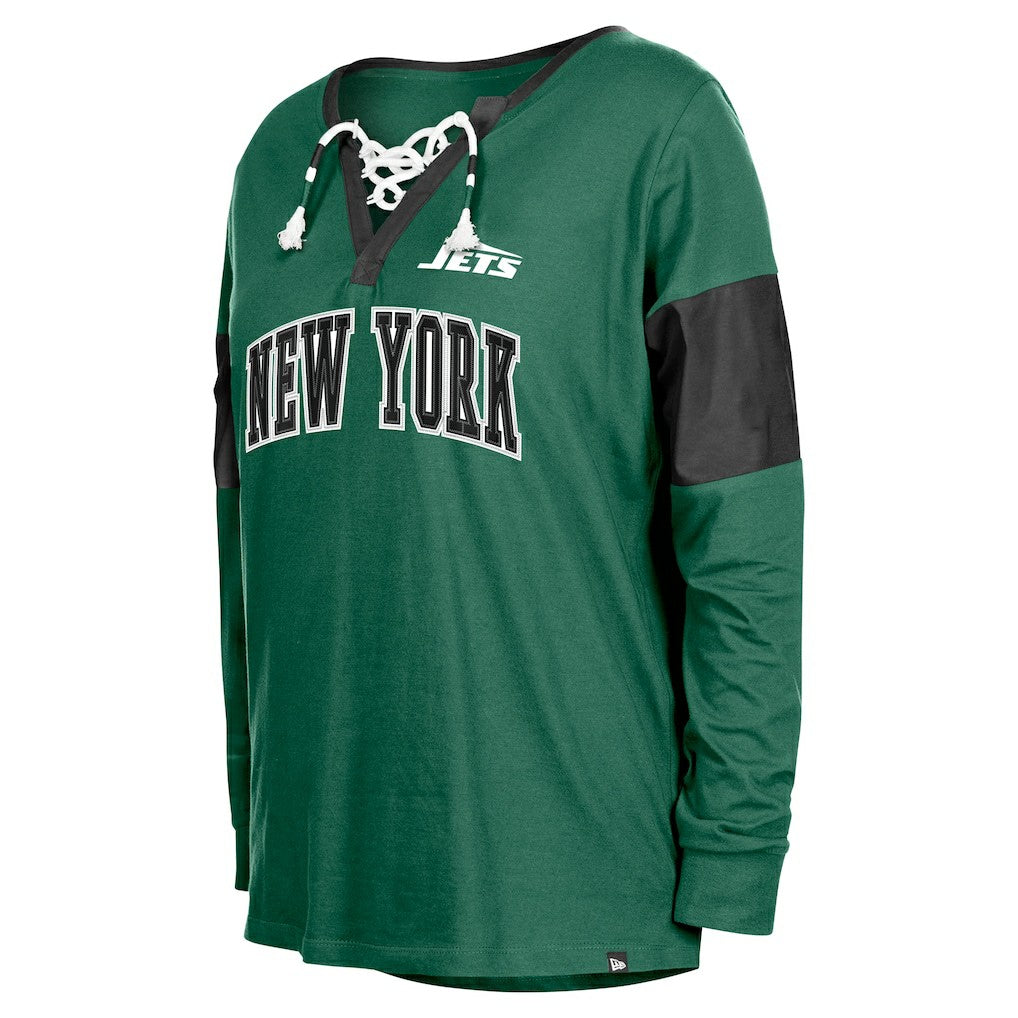 New York Jets New Era Women's Lace-Up Notch-Neck Long Sleeve T-Shirt - Green cheap