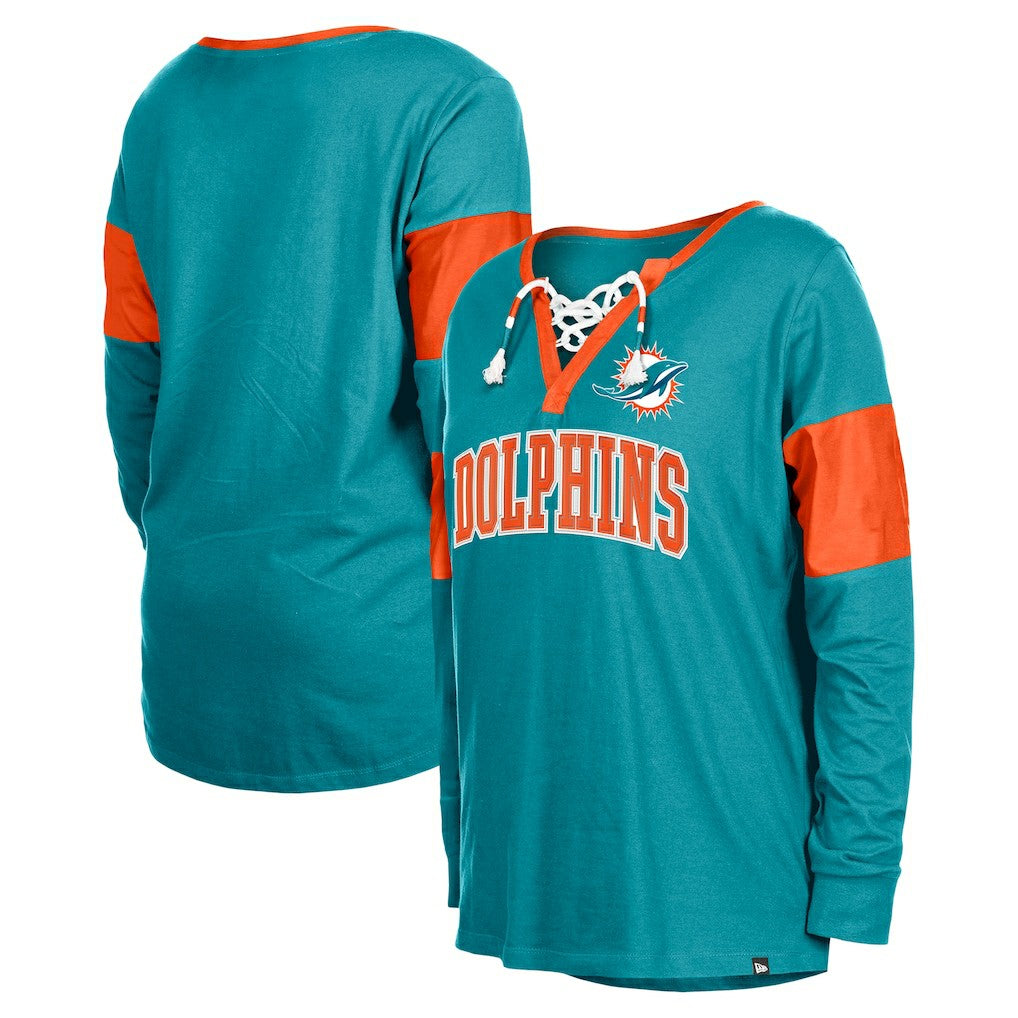 Miami Dolphins New Era Women's Lace-Up Notch-Neck Long Sleeve T-Shirt - Aqua cheap