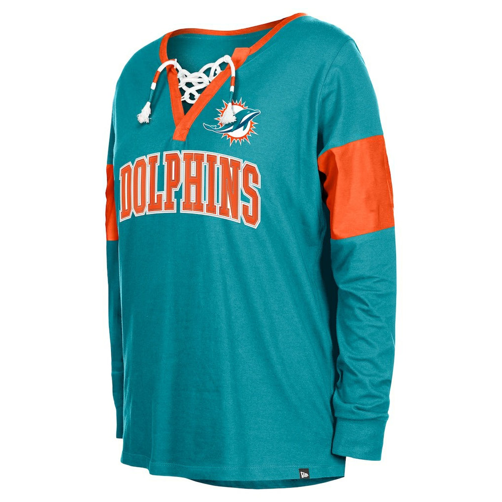 Miami Dolphins New Era Women's Lace-Up Notch-Neck Long Sleeve T-Shirt - Aqua cheap