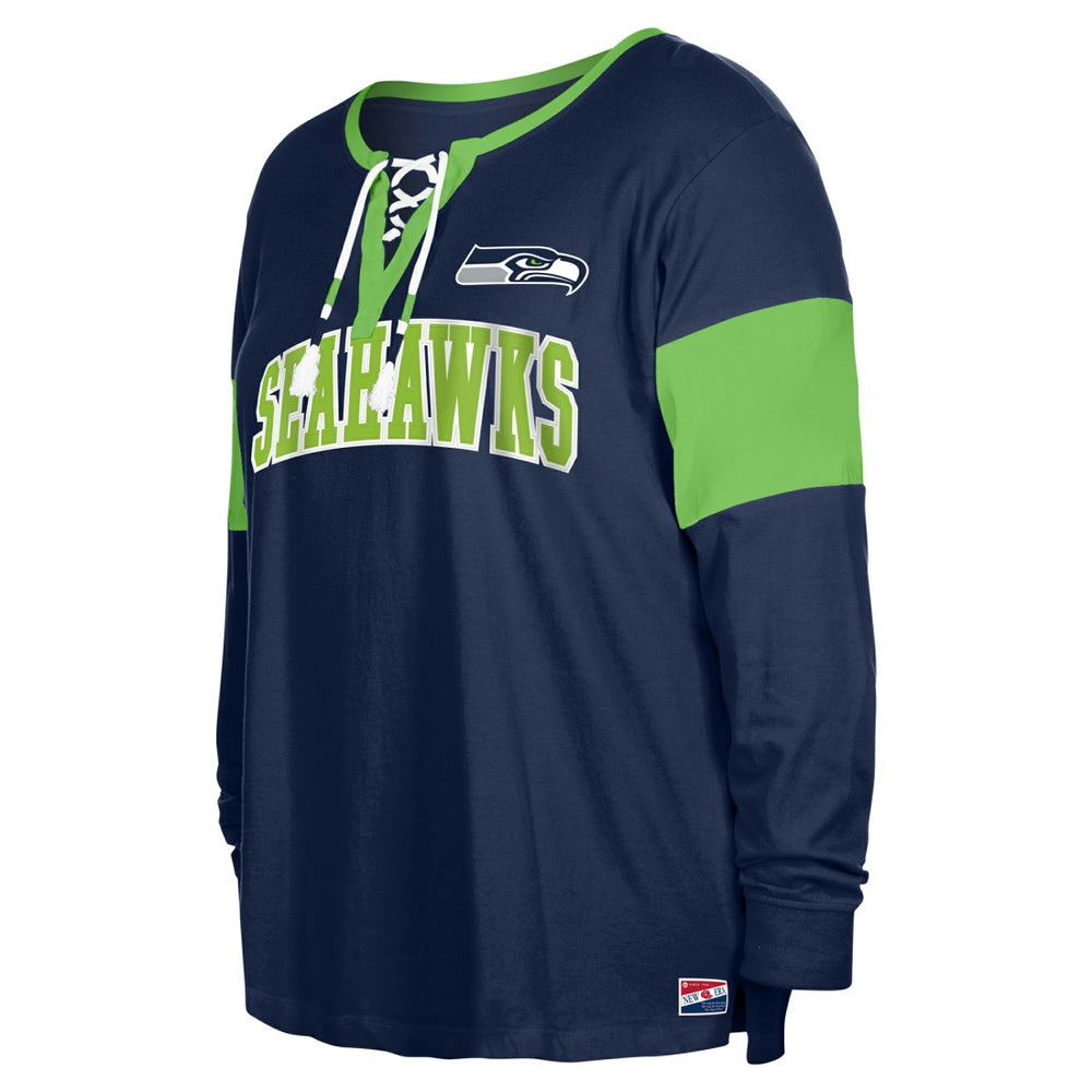 Seattle Seahawks New Era Women's Plus Size Lace-Up Notch Neck Long Sleeve T-Shirt  - College Navy sale