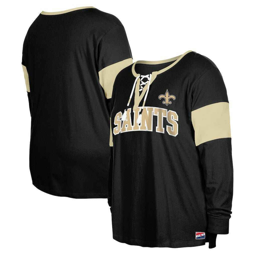 New Orleans Saints New Era Women's Plus Size Lace-Up Notch Neck Long Sleeve T-Shirt  - Black on sale
