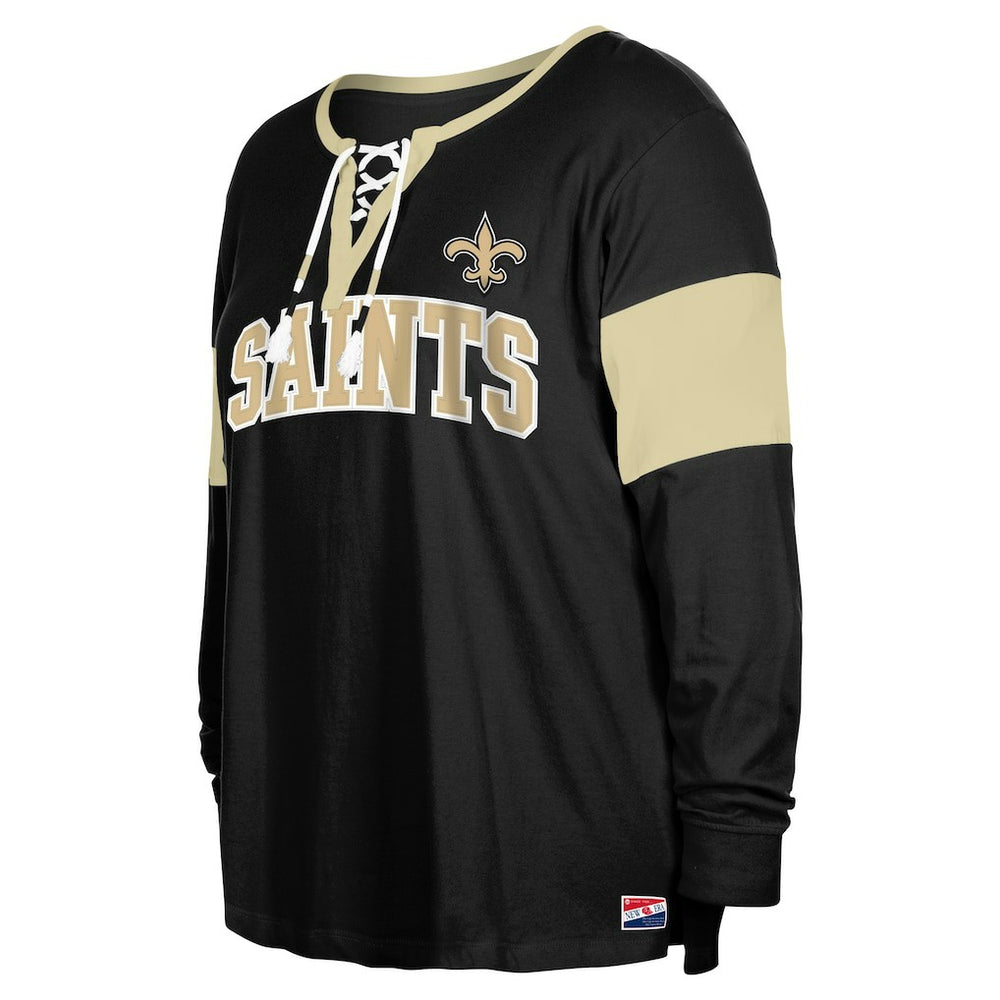 New Orleans Saints New Era Women's Plus Size Lace-Up Notch Neck Long Sleeve T-Shirt  - Black on sale