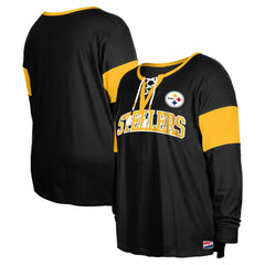 Pittsburgh Steelers New Era Women's Plus Size Lace-Up Notch Neck Long Sleeve T-Shirt  - Black outlet