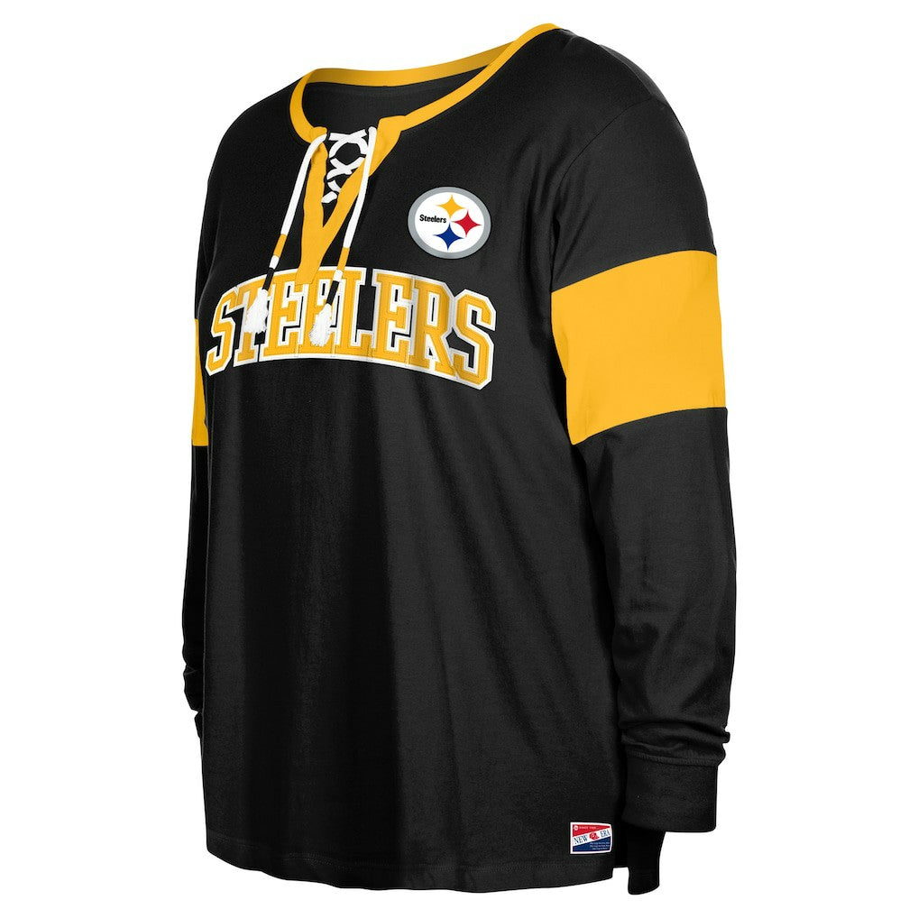 Pittsburgh Steelers New Era Women's Plus Size Lace-Up Notch Neck Long Sleeve T-Shirt  - Black outlet