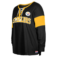 Pittsburgh Steelers New Era Women's Plus Size Lace-Up Notch Neck Long Sleeve T-Shirt  - Black outlet