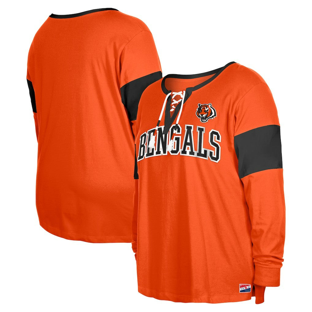 Cincinnati Bengals New Era Women's Plus Size Lace-Up Notch Neck Long Sleeve T-Shirt  - Orange on sale