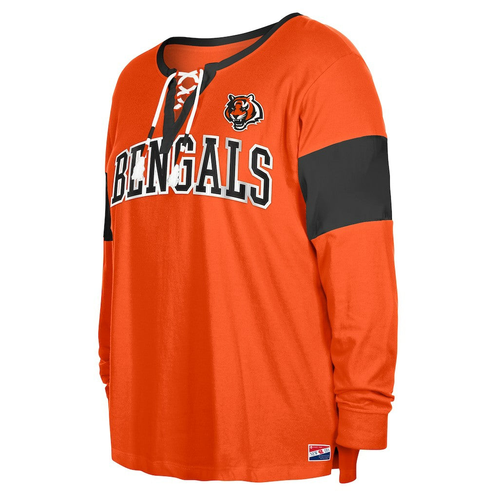 Cincinnati Bengals New Era Women's Plus Size Lace-Up Notch Neck Long Sleeve T-Shirt  - Orange on sale