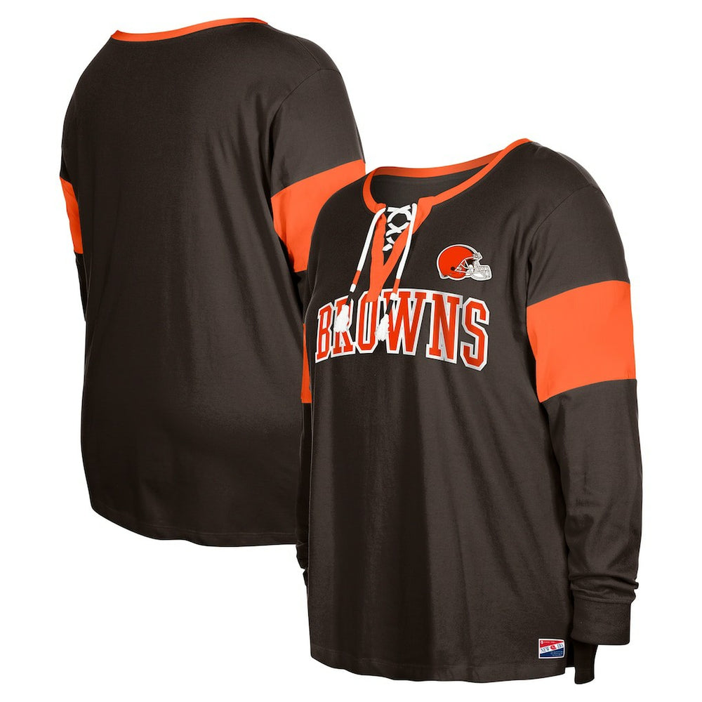 Cleveland Browns New Era Women's Plus Size Lace-Up Notch Neck Long Sleeve T-Shirt  - Brown for sale
