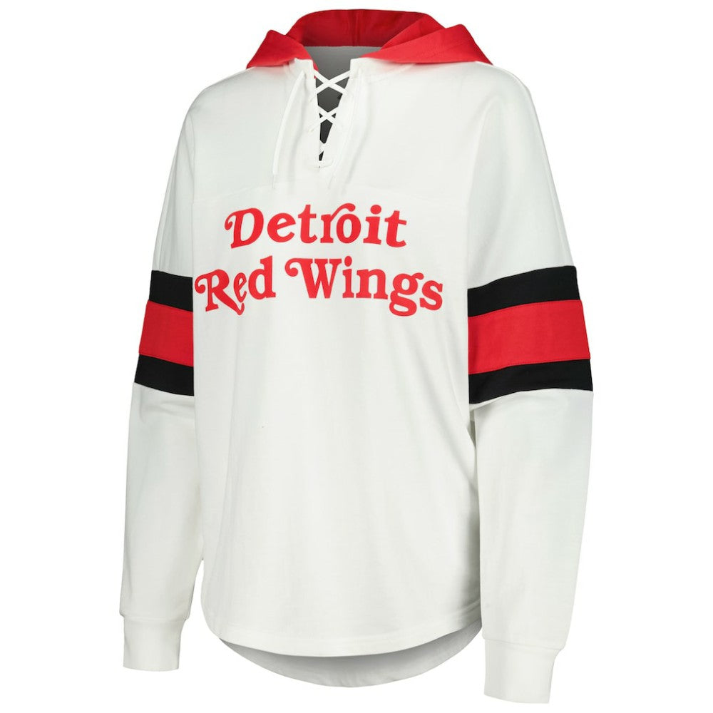 Detroit Red Wings G-III 4Her by Carl Banks Women's Goal Zone Long Sleeve Lace-Up Hoodie T-Shirt - White/Red T-shirts