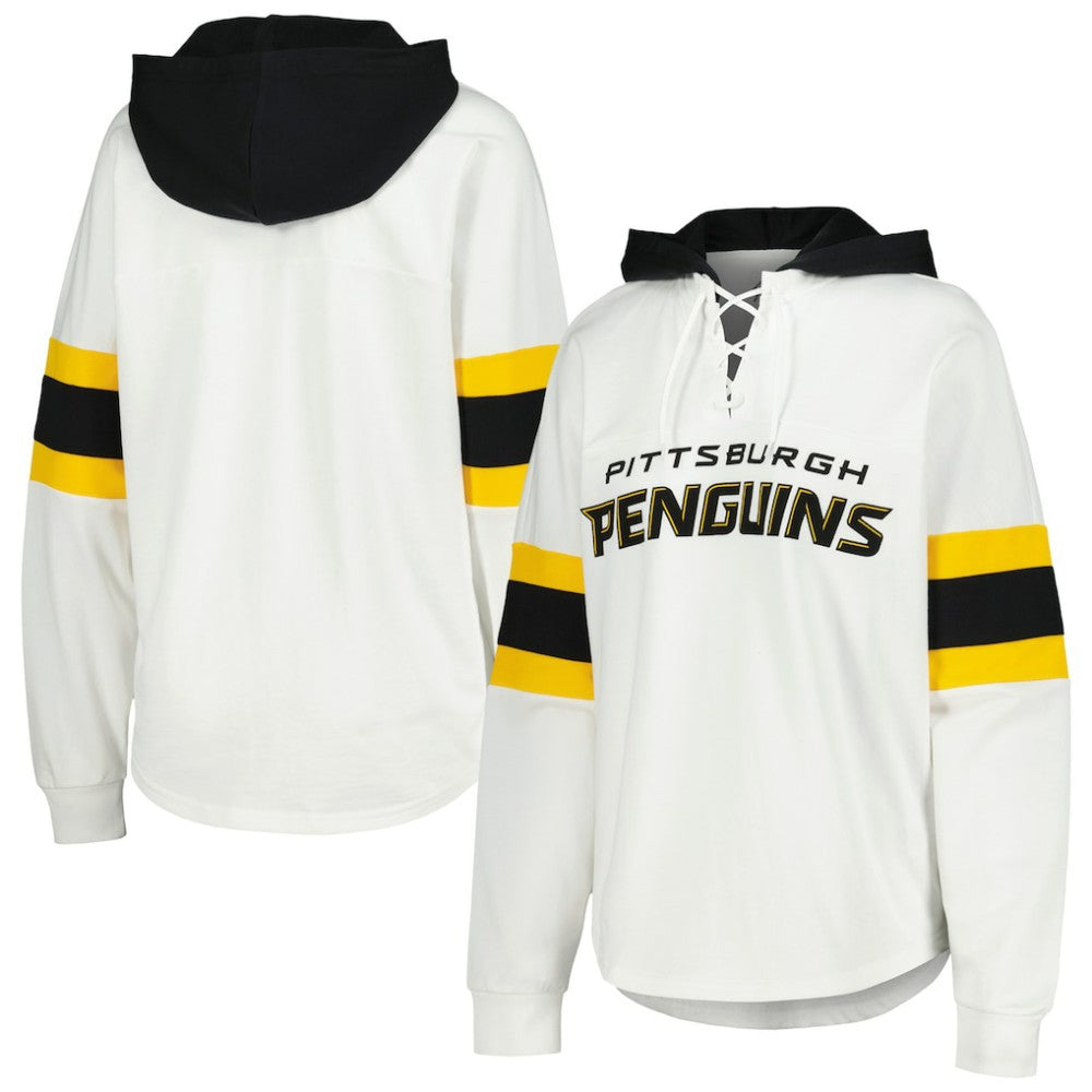 Pittsburgh Penguins G-III 4Her by Carl Banks Women's Goal Zone Long Sleeve Lace-Up Hoodie T-Shirt - White/Black T-shirts