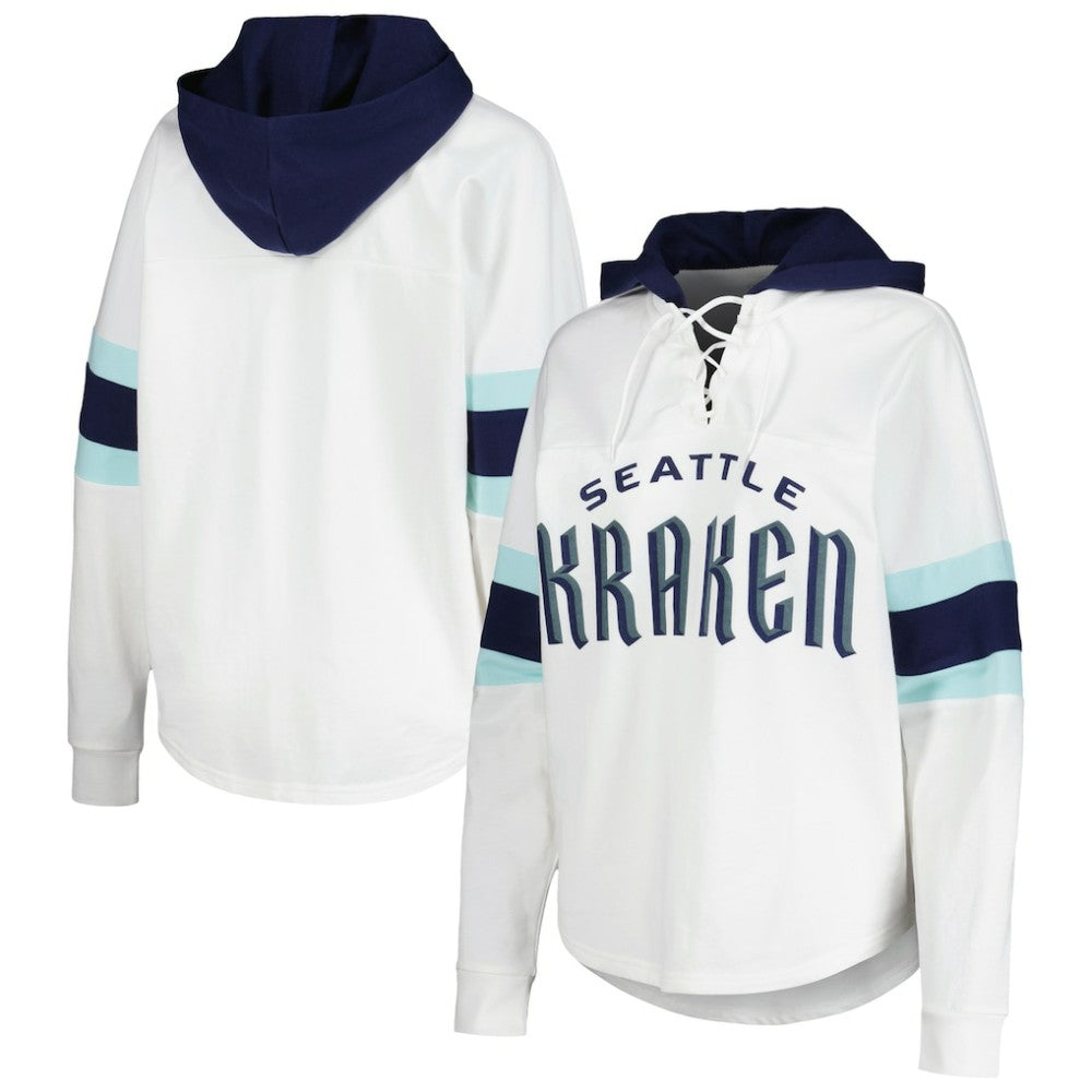 Seattle Kraken G-III 4Her by Carl Banks Women's Goal Zone Long Sleeve Lace-Up Hoodie T-Shirt - White/Deep Sea Blue T-shirts