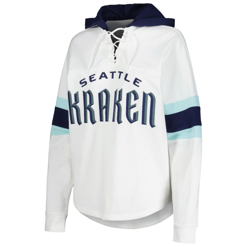 Seattle Kraken G-III 4Her by Carl Banks Women's Goal Zone Long Sleeve Lace-Up Hoodie T-Shirt - White/Deep Sea Blue T-shirts