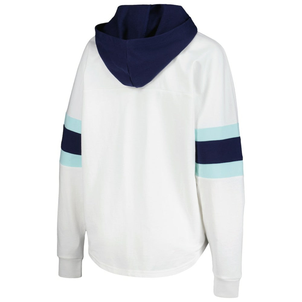 Seattle Kraken G-III 4Her by Carl Banks Women's Goal Zone Long Sleeve Lace-Up Hoodie T-Shirt - White/Deep Sea Blue T-shirts