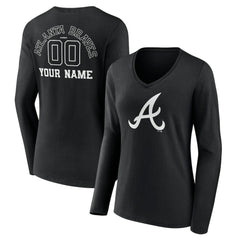 Atlanta Braves Women's Monochrome Personalized Name & Number Long Sleeve V-Neck T-Shirt Black