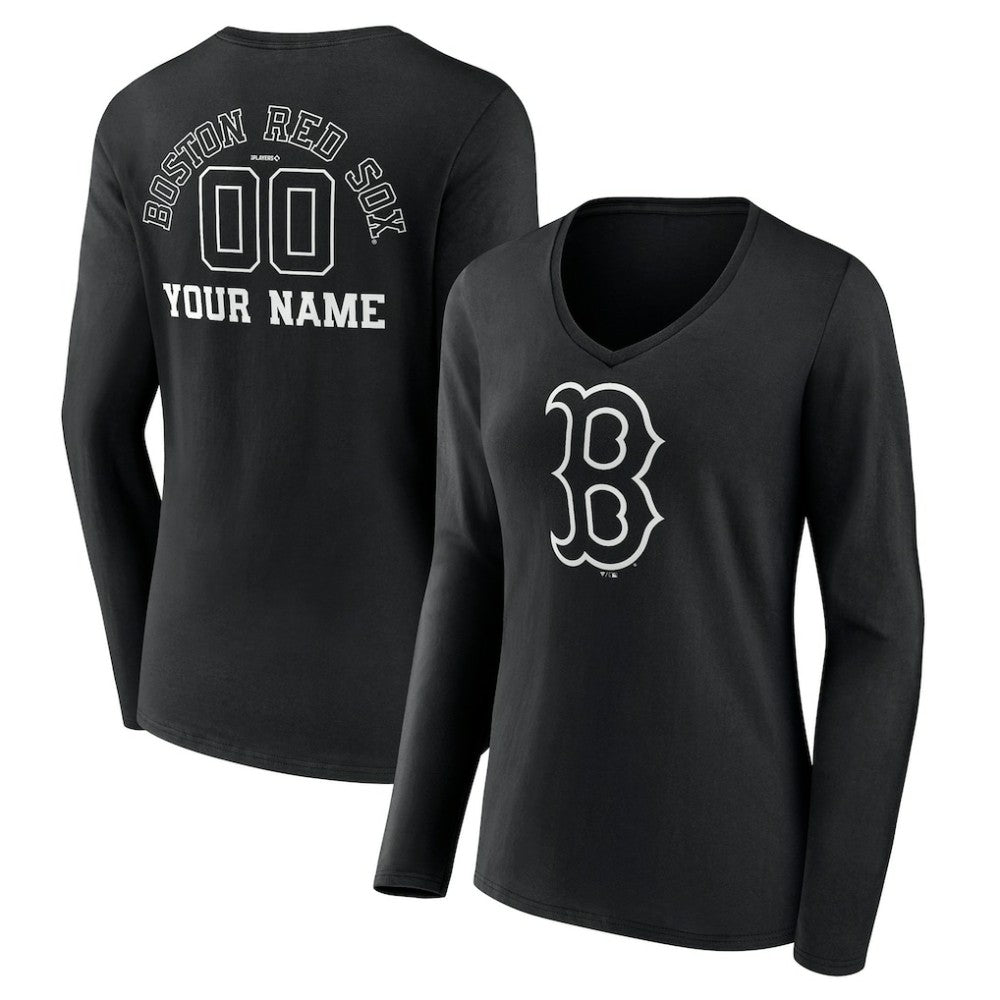 Boston Red Sox Women's Monochrome Personalized Name & Number Long Sleeve V-Neck T-Shirt Black