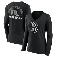 Boston Red Sox Women's Monochrome Personalized Name & Number Long Sleeve V-Neck T-Shirt Black