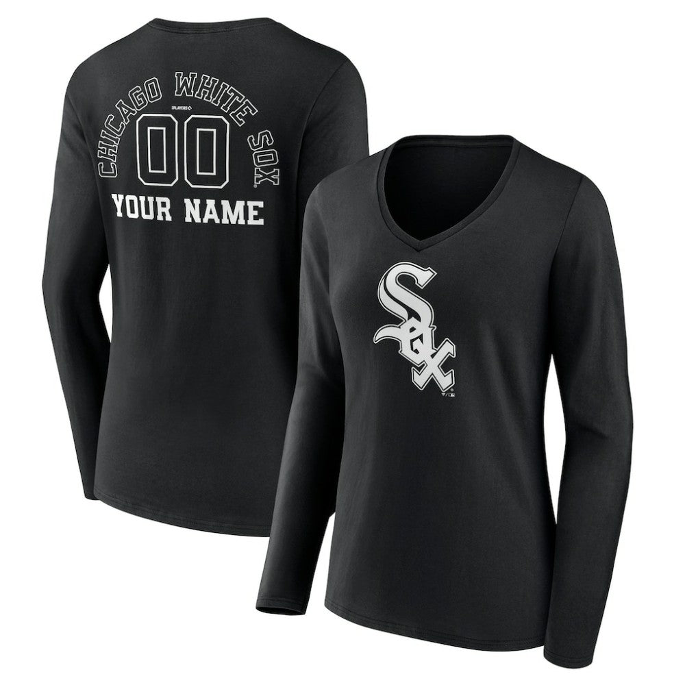 Chicago White Sox Women's Monochrome Personalized Name & Number Long Sleeve V-Neck T-Shirt Black