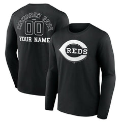 Cincinnati Reds Monochrome Personalized Name & Number Long Sleeve T-Shirt Black