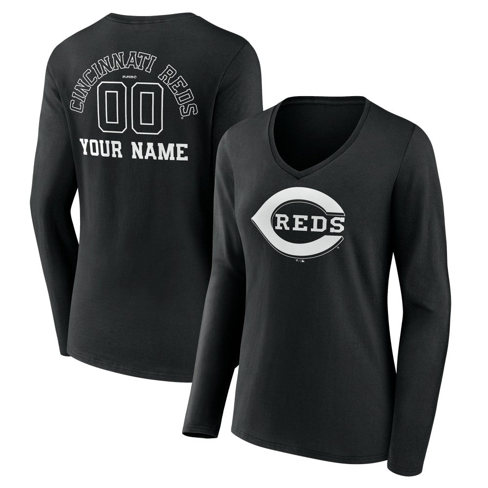 Cincinnati Reds Women's Monochrome Personalized Name & Number Long Sleeve V-Neck T-Shirt Black