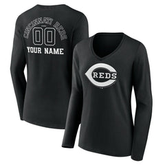 Cincinnati Reds Women's Monochrome Personalized Name & Number Long Sleeve V-Neck T-Shirt Black