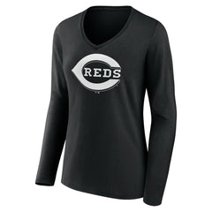 Cincinnati Reds Women's Monochrome Personalized Name & Number Long Sleeve V-Neck T-Shirt Black