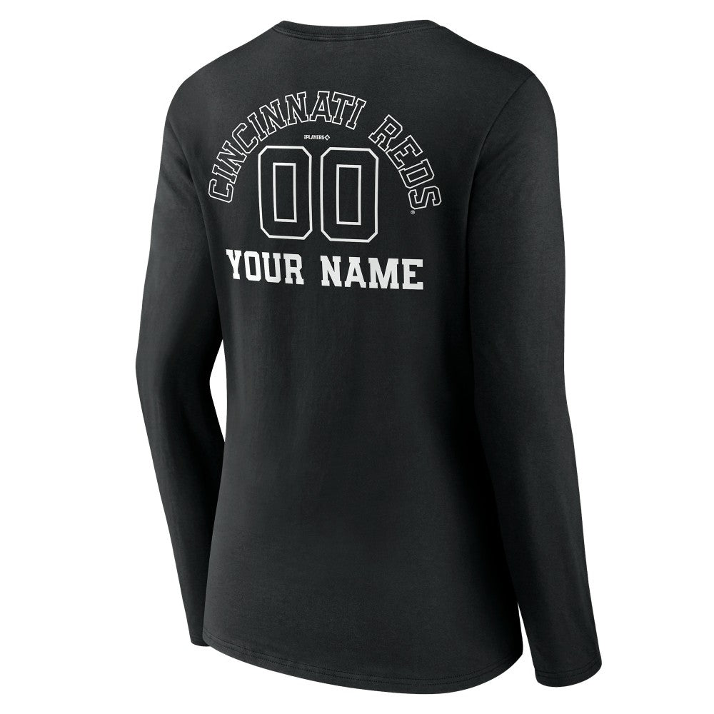 Cincinnati Reds Women's Monochrome Personalized Name & Number Long Sleeve V-Neck T-Shirt Black