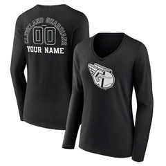 Cleveland Guardians Women's Monochrome Personalized Name & Number Long Sleeve V-Neck T-Shirt Black