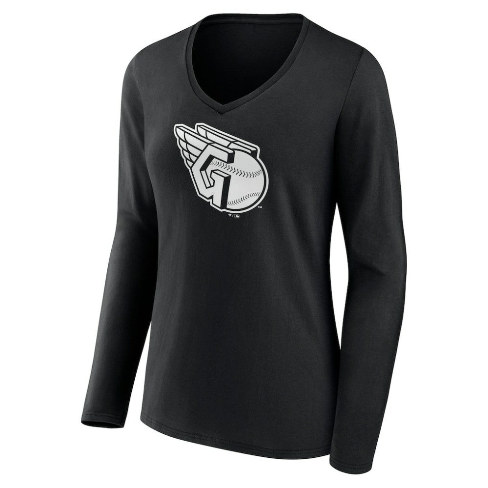 Cleveland Guardians Women's Monochrome Personalized Name & Number Long Sleeve V-Neck T-Shirt Black