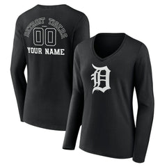 Detroit Tigers Women's Monochrome Personalized Name & Number Long Sleeve V-Neck T-Shirt Black