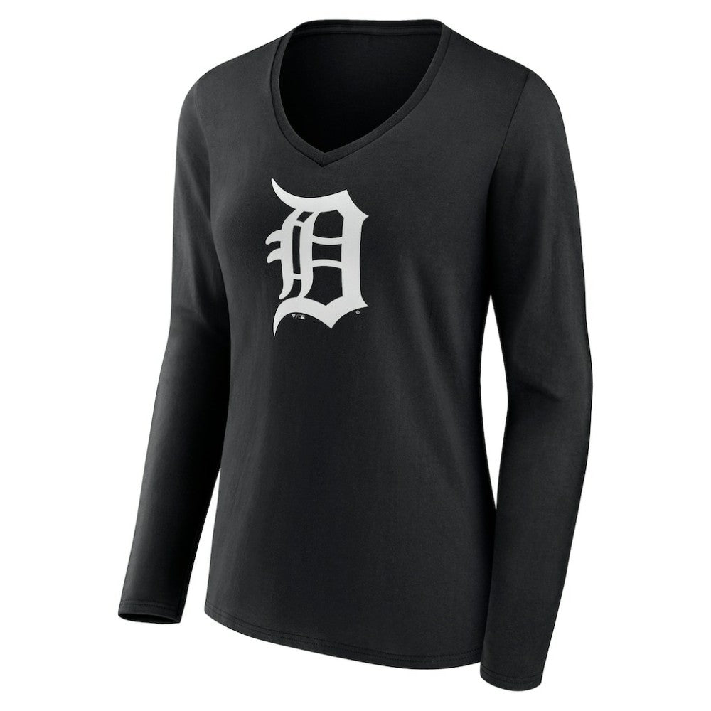 Detroit Tigers Women's Monochrome Personalized Name & Number Long Sleeve V-Neck T-Shirt Black