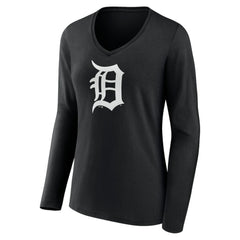 Detroit Tigers Women's Monochrome Personalized Name & Number Long Sleeve V-Neck T-Shirt Black