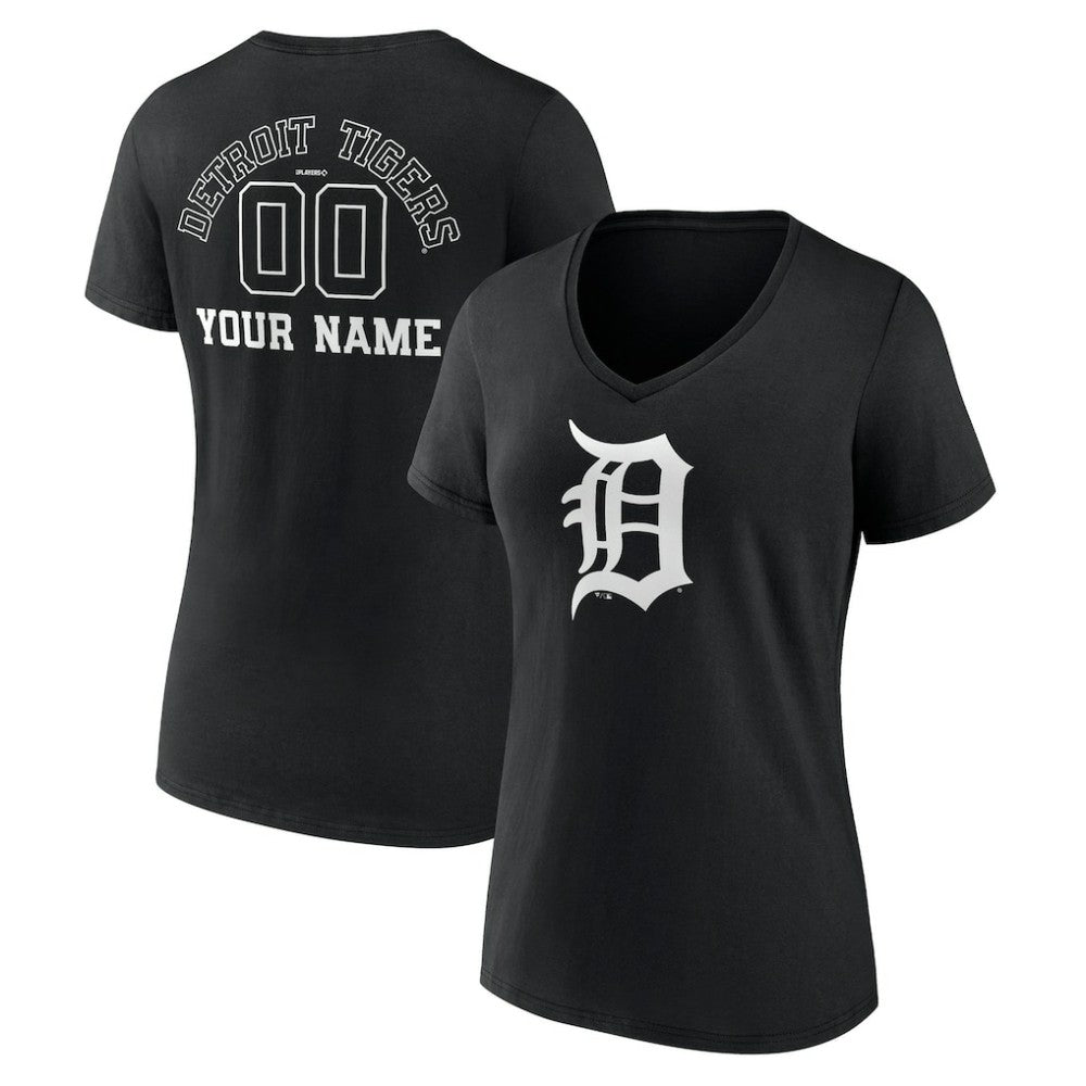 Detroit Tigers Women's Monochrome Personalized Name & Number V-Neck T-Shirt Black