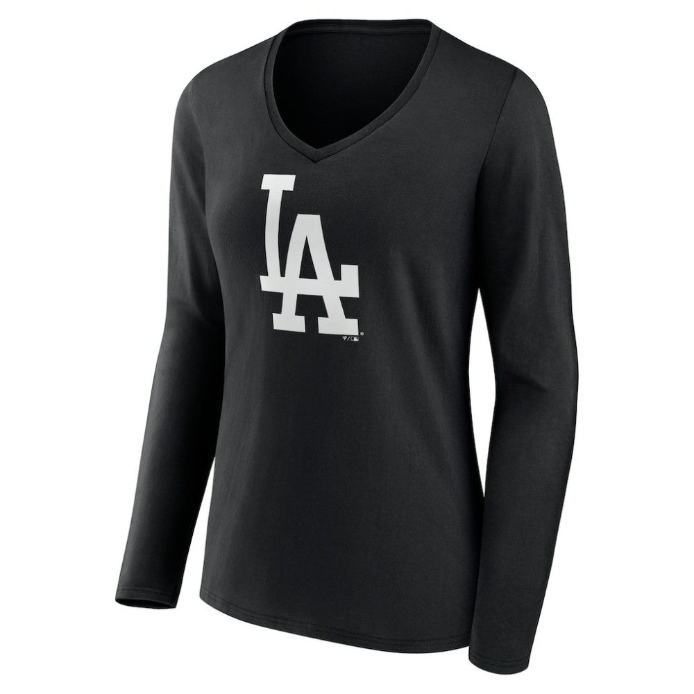 Los Angeles Dodgers Women's Monochrome Personalized Name & Number Long Sleeve V-Neck T-Shirt Black