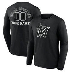 Miami Marlins Monochrome Personalized Name & Number Long Sleeve T-Shirt Black
