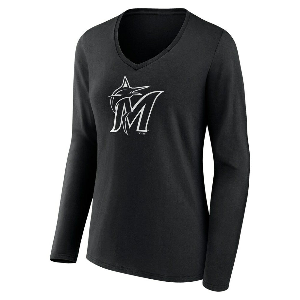 Miami Marlins Women's Monochrome Personalized Name & Number Long Sleeve V-Neck T-Shirt Black