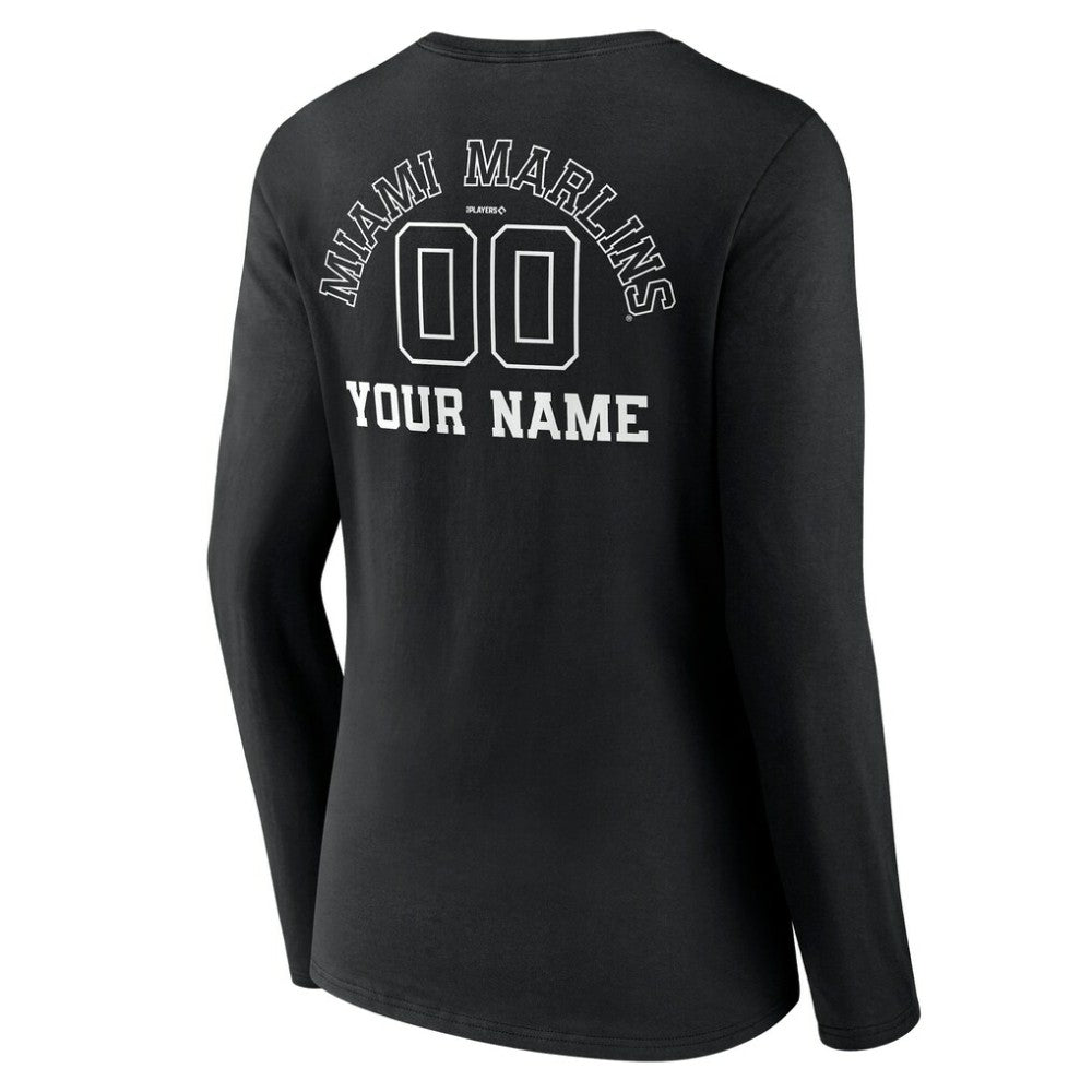 Miami Marlins Women's Monochrome Personalized Name & Number Long Sleeve V-Neck T-Shirt Black